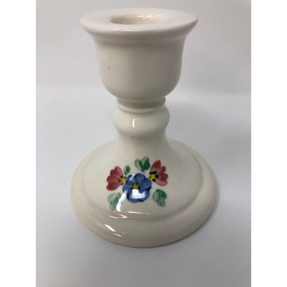 White Taper Candle Candlestick Holder Blue Pink Floral Design Pedestal Set of 2 - Picture 5 of 9